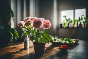 Rosa flores dentro uma Panela em uma mesa. gerado por IA foto