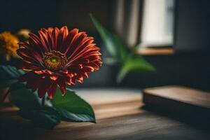 uma vermelho flor sentado em uma de madeira mesa. gerado por IA foto