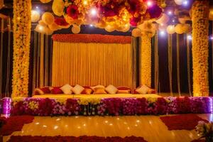 uma Casamento etapa decorado com flores e velas. gerado por IA foto