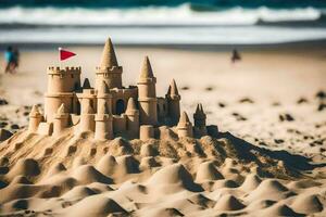 uma areia castelo em a de praia com uma bandeira. gerado por IA foto