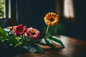 flores em uma mesa dentro frente do uma janela. gerado por IA foto