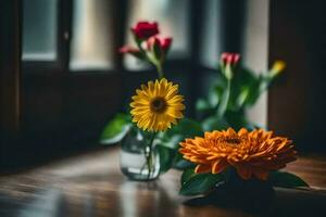 flores dentro uma vaso em uma mesa. gerado por IA foto