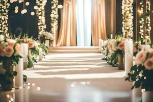 uma Casamento corredor com velas e flores gerado por IA foto