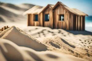 uma pequeno de madeira casa em a de praia com areia. gerado por IA foto