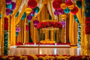 uma colorida Casamento etapa decorado com papel lanternas e flores gerado por IA foto