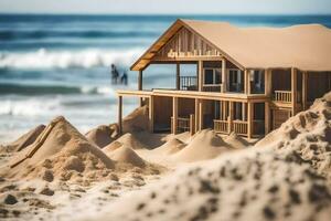uma casa fez do areia em a de praia. gerado por IA foto