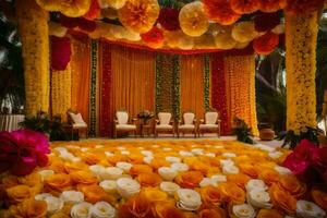 uma Casamento cerimônia com flores e decorações. gerado por IA foto