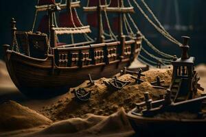 uma modelo do uma pirata navio dentro a areia. gerado por IA foto