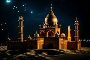 uma mesquita dentro a deserto às noite. gerado por IA foto