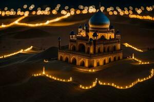 uma pequeno mesquita dentro a deserto com luzes. gerado por IA foto