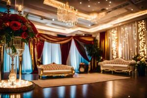 a elegante Casamento recepção quarto com vermelho e ouro decoração. gerado por IA foto