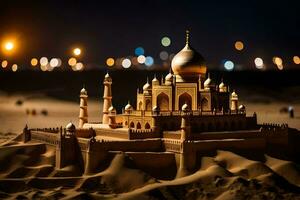 uma areia castelo é mostrando às noite. gerado por IA foto