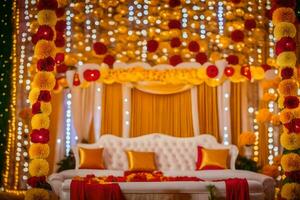 uma Casamento etapa decorado com vermelho e amarelo flores gerado por IA foto