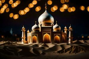 uma branco mesquita dentro a deserto com luzes. gerado por IA foto