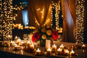 uma mesa com velas e flores dentro frente do uma cortina. gerado por IA foto