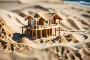 uma miniatura casa em a de praia com areia dunas. gerado por IA foto