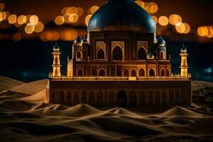 uma pequeno mesquita dentro a deserto às noite. gerado por IA foto