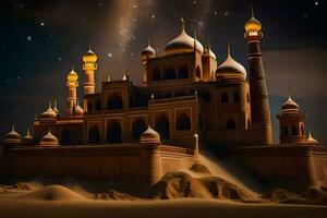 uma castelo dentro a deserto com estrelas e lua. gerado por IA foto