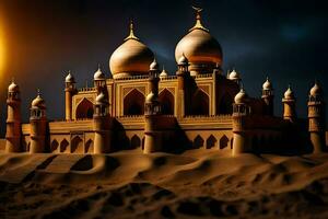 a dourado mesquita dentro a deserto. gerado por IA foto