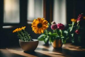 flores dentro uma vaso em uma mesa. gerado por IA foto