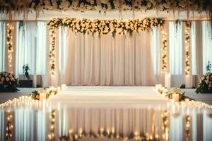 uma Casamento cerimônia é conjunto acima com velas e flores gerado por IA foto