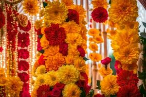 uma colorida exibição do flores dentro uma Casamento cerimônia. gerado por IA foto