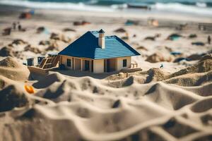 uma miniatura casa em a de praia com areia dunas. gerado por IA foto