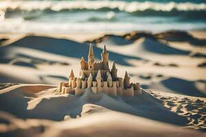 areia castelo em a de praia. gerado por IA foto