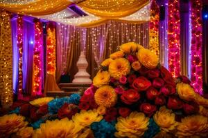 uma colorida Casamento cerimônia com flores e luzes. gerado por IA foto