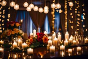velas e flores estão arranjado em uma mesa com luzes. gerado por IA foto