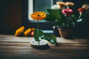 laranja flor dentro uma vaso em uma de madeira mesa. gerado por IA foto