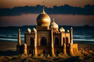 uma areia castelo é construído em a de praia. gerado por IA foto