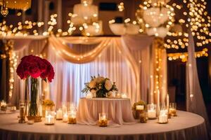 uma Casamento recepção mesa com velas e flores gerado por IA foto