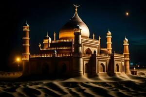 uma mesquita dentro a deserto às noite. gerado por IA foto