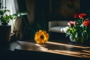 uma amarelo flor senta em uma mesa dentro frente do uma janela. gerado por IA foto