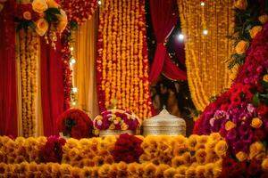 uma Casamento cerimônia com vermelho e amarelo flores gerado por IA foto