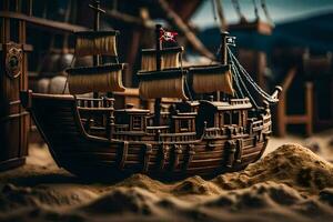 uma modelo do uma pirata navio dentro uma areia poço. gerado por IA foto