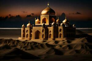 uma dourado mesquita dentro a deserto às noite. gerado por IA foto