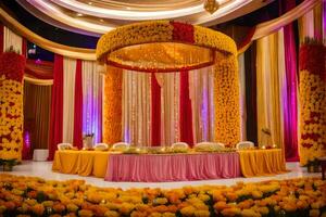 uma Casamento recepção com uma ampla etapa decorado com amarelo e laranja flores gerado por IA foto