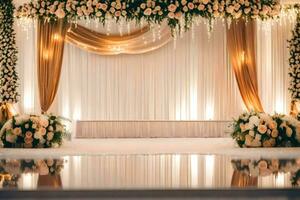 uma Casamento etapa decorado com flores e cortinas. gerado por IA foto