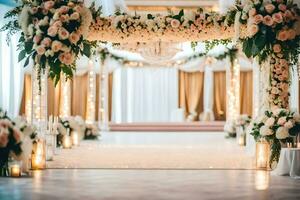 uma Casamento cerimônia com flores e velas. gerado por IA foto