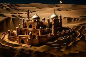 uma areia castelo dentro a deserto com uma cheio lua. gerado por IA foto