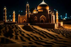 uma mesquita dentro a deserto às noite. gerado por IA foto