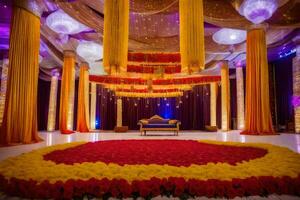 uma Casamento etapa decorado com vermelho e amarelo flores gerado por IA foto