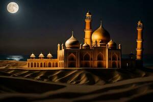 uma mesquita dentro a deserto às noite com uma cheio lua. gerado por IA foto