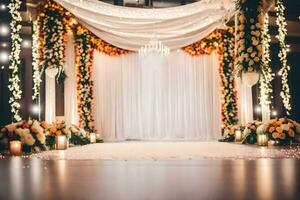 a interior Casamento cerimônia com branco cortinas e laranja flores gerado por IA foto