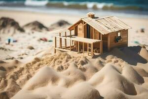 uma de madeira casa em a de praia com areia. gerado por IA foto