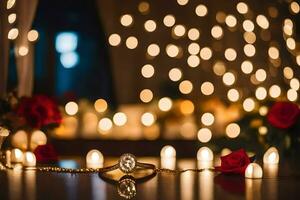 uma Casamento anel e uma rosa estão sentado em uma mesa com luzes. gerado por IA foto