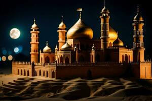 uma modelo do uma mesquita às noite com uma cheio lua. gerado por IA foto