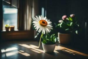 uma branco flor senta dentro uma vaso em uma mesa. gerado por IA foto